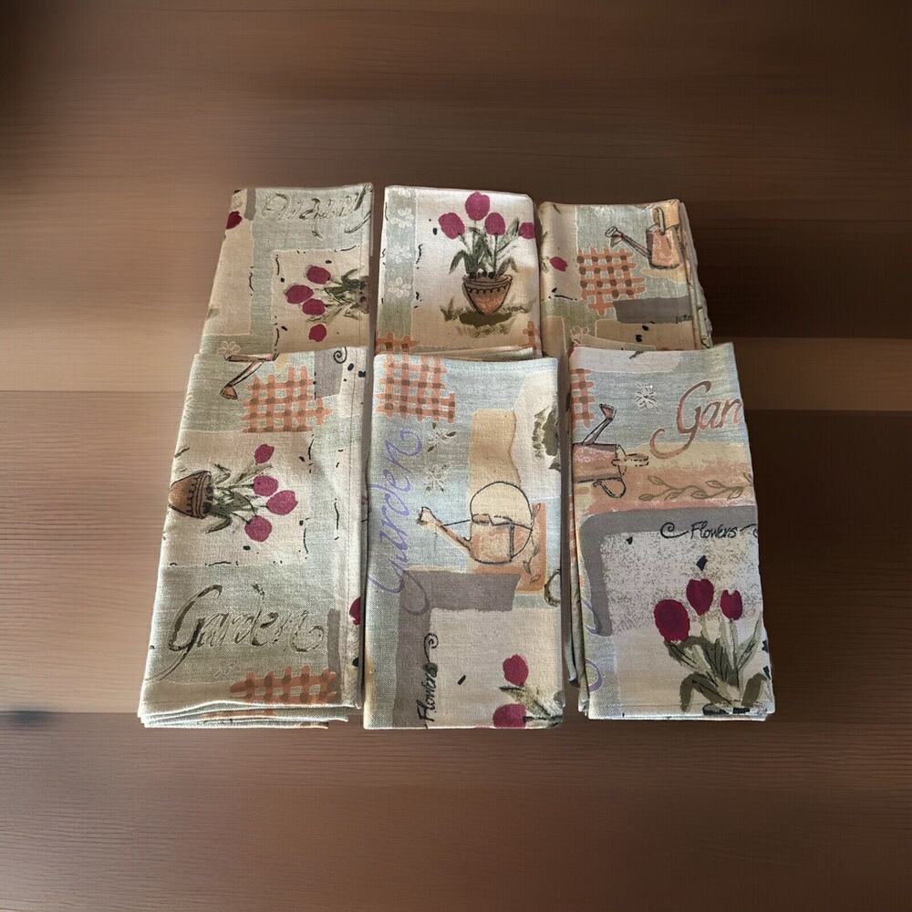 6 Western Linen INC Napkins Garden Plants, Flowers, 100 % Cotton Artsy 18”x 18”